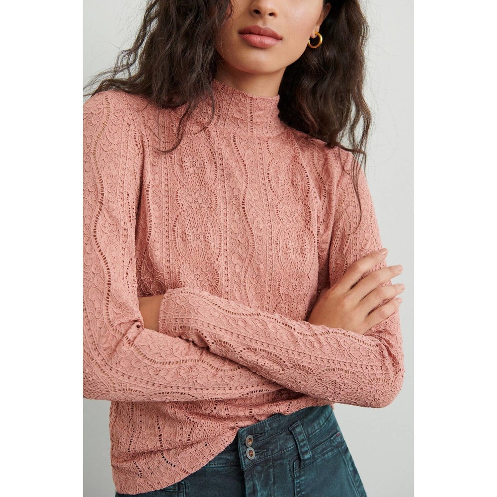 Anthropologie Daily Practice Linden Lace Mock Neck Top Pink Women's Size Medium - Picture 1 of 10